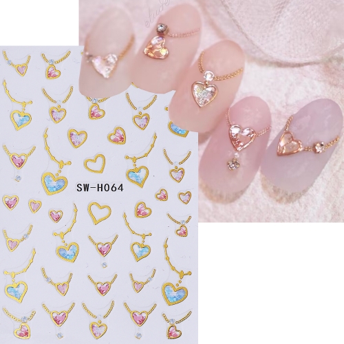 1Pcs 3D Valentines Golden Nail Stickers Love Heart Gemstone Necklace Love Heart Shape 3D Design Nail Stickers