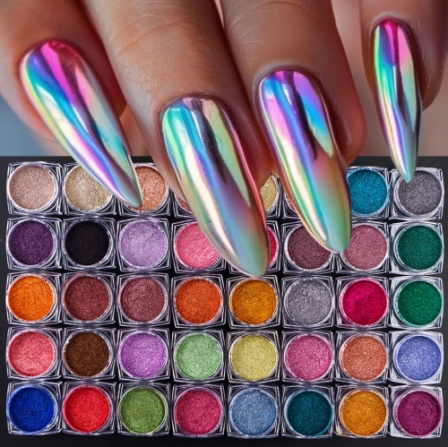 40colors/set Moonlight Mirror Nail Powder Y2K Aurora Silver Glitter Metallic Effect UV Gel Polish Pigment Chrome DIY Nail Decoration