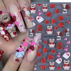 1Pcs 5D Embossed Nail Art Stickers Valentine Day Love Hearts Bear Balloon Sliders Decals Decorations For Nail Sticker
