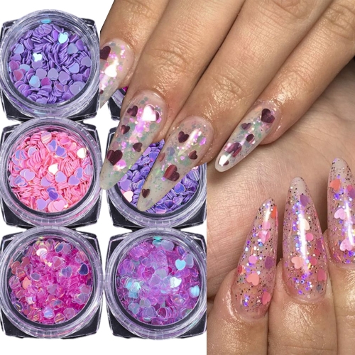 6colors/set Iridescent Heart Nail Art Glitter Sequins Set Holographic Colorful Sparkly Hexagon Flakes Bottled Nail Decoration