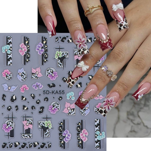 1Pcs Winter 5D Embossed Colorful Hibiscus Mutabilis Leopard Print French Nail Sticker Five Petal Flower Self-Adhesive Decals Slider Nail Sticker