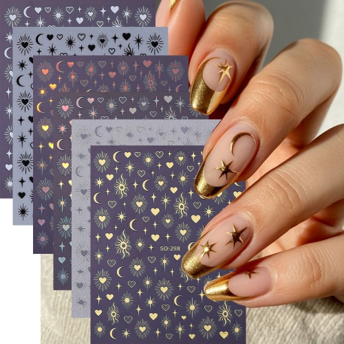 1Pcs 3D Golden Silvery Star/Moon/Sun Nail Art Sticker Shiny Metal Silver/Gold/Black/White Sun Moon Star Nail Decals Adhesive Nail Sticker