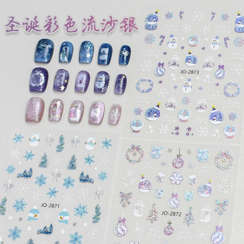 1Pcs Christmas 3D Nail Art Decals Colorful Flowing Silver Xmas Wreaths Trees Balls Snowflakes Nail Stickers Decoration For Nail Sticker