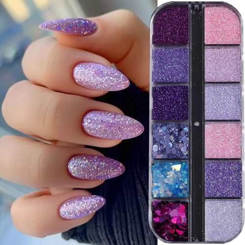1Box / 12jars/set Purple Series Nail Glitter Holographic Sparkling Sugar Nail Powder Mixed Heart Hexagon Flakes Shiny Manicure Decoration