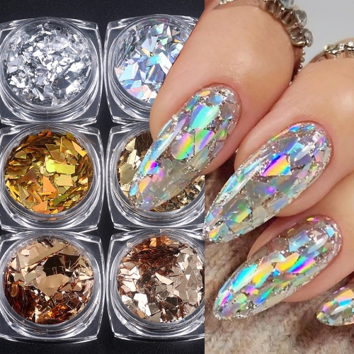 6jars/set Irregular Aurora Nail Glitter Flakes Iridescent Gold Silver Mix Sparkly Broken Slices Sequin DIY Charms Manicure Decoration