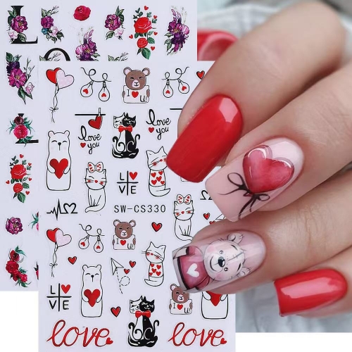 1pcs Valentine's Day Nail Stickers Cute Cat Love Heart Balloon Bear Letter Car Adhesive Nail Decals Manicure Decor Accessories