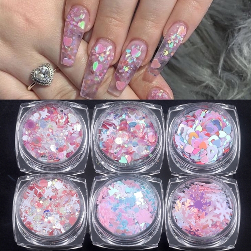 6jars/set Pink Glitter Sequin Mix Star Heart Shape Nail Sequins for Holographic Flakes Paillette Valentine's Day Manicure Decor