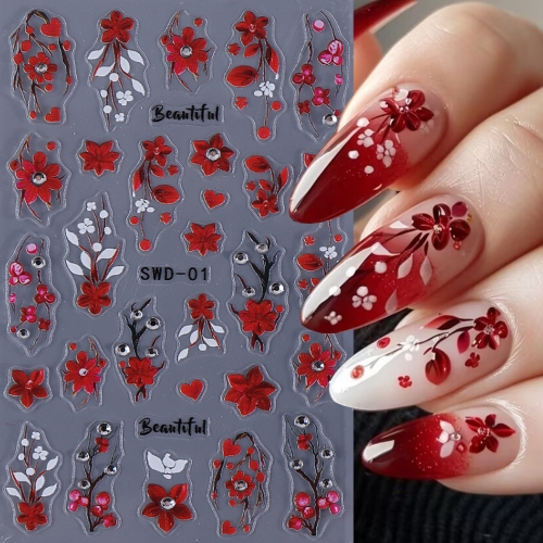 1pcs Embossed Flower Nail Art Stickers With Rhinestones Red Blossom Petals Nail Decals Self-Adhesive Sliders Manicure Decoration