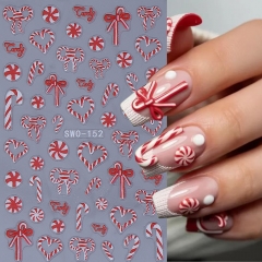1Pcs Embossed Nail Stickers Cute Bow Cane Candy Love Heart Nail Decals New Year DIY Sweet Manicure Decoration