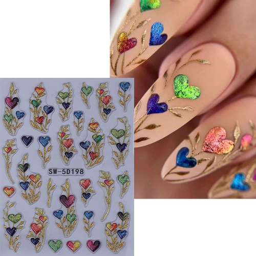 1pcs 5D Embossed Nail Stickers Colorful Gem Love Heart Petals Leaf Design Adhesive Nail Decals Sliders DIY Manicure Decoration