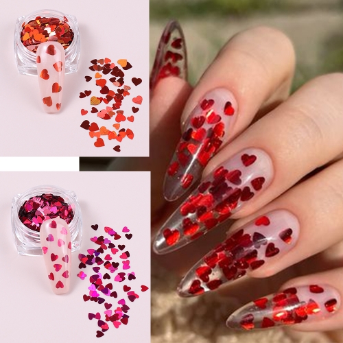 6jars/set Valentine's Love Heart Nail Glitter Flakes Holographic Mirror Mixed Size Heart Jewelry Sequins Sweet Slices Manicure Decor