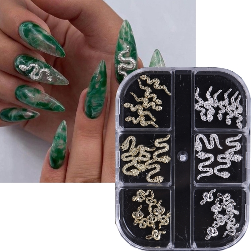 1box 3D Alloy Snake Nail Charms Punk Gothic Rhinestone Snake Press on Nails Luxury Gem Jewelry Nail Decorations