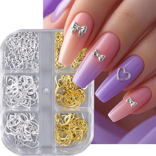 1box Gold Silvery Hollow-out Heart Metallic Nail Decals Heart Metal Nail Studs Slices Nail Charms DIY 3D Nail Decorations