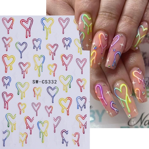 1Pcs Valentine's Day Cartoon Heart Nail Stickers Colorful Gradient Dripping Love Heartbeat Adhesive Nail Decals DIY Valentine's Manicure Sticker