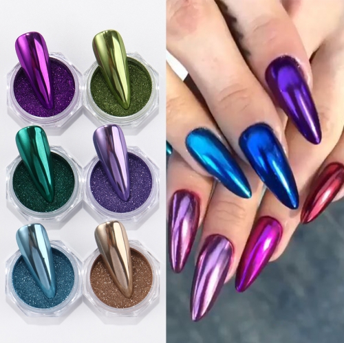 6colors/set Pearlescent Nail Art Powder Holographic Magic Mirror Brocade Powder Sparkly Chrome Pigment Manicure Dust
