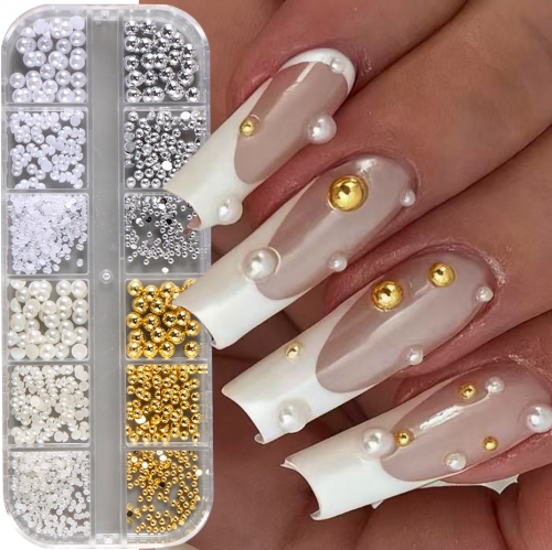 1box Gold Silver Half Round Caviar Bead Nail Charms Pearl Flatback Round Steel Nail Bead Micro Ball Manicure Bead