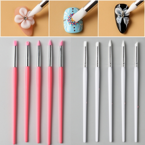 5pcs/set Silicone Nail Brush Carving Emboss Hollow Gel Shaping Pink Nail Art Sculpture Pen Drawing Brushes