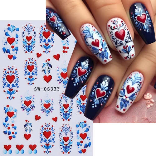 1Pcs 3D Vintage Valentine's Nail Art Stickers Red Love Heart Petals Leaf Simple Line Adhesive Nail Decals DIY Manicure Decoration Sliders Nail Sticker