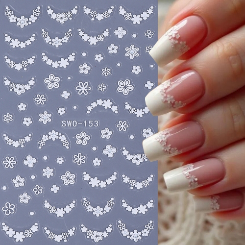 1Pcs 3D White Little Flower Nail Stickers Hollow French Petals Floral Textured Self-Adhesive Decals Elegant Wedding Manicure Sticker