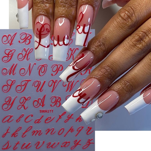 1Pcs Color Letter Nail Stickers Black Red Blue Golden Alphabet Design Self-Adhesive Decal English Words DIY Manicure Sticker