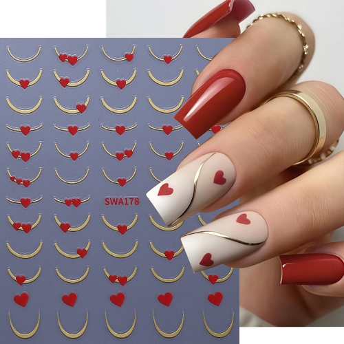 1Pcs Metal French Line Nail Stickers Red Love Heart Striped Line Adhesive Slider Nail Decals DIY Valentine's Manicure Sticker