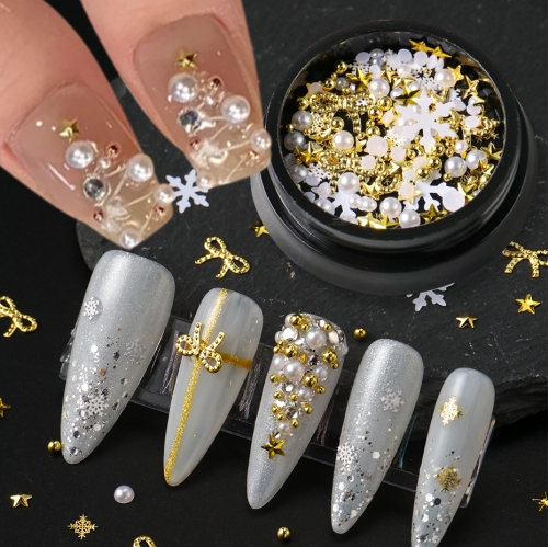 1jar Gold Christmas Nail Charms Mixed Metal Star Bow Snowflake Decor Elegant Pearl Nail Art Beads Xmas Tree Design Nail Accessories