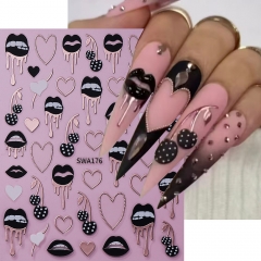 1pcs Sexy Lips Love Heart Nail Art Stickers Valentine's Metal Line Love Cherry Adhesive Nail Decals DIY Manicure Decor Sliders