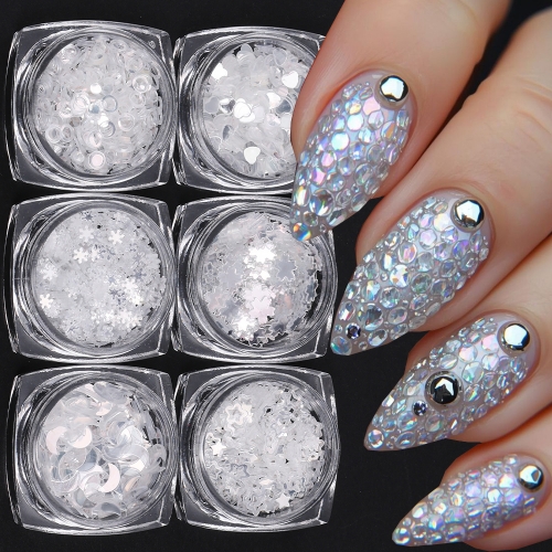 6jars/set Snowflake Moon Star Love Heart Circle Nail Sequin Nail Art Decoration Nail Art Sequins 