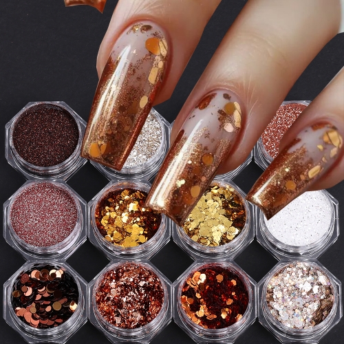 12jars/set Golden Autumn Nail Glitter Slices Hexagon Shape Decor Sequins DIY Fall Winter Sparkly Manicure Accessories