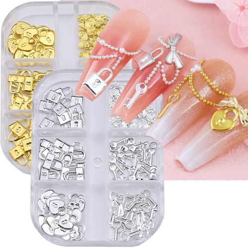 1box Gold Silver Metal Lock Key Nail Charms 3D Bowknot/Love Heart/Flowers Nail Art Rhinestone Manicure Starfish Bow Rivets