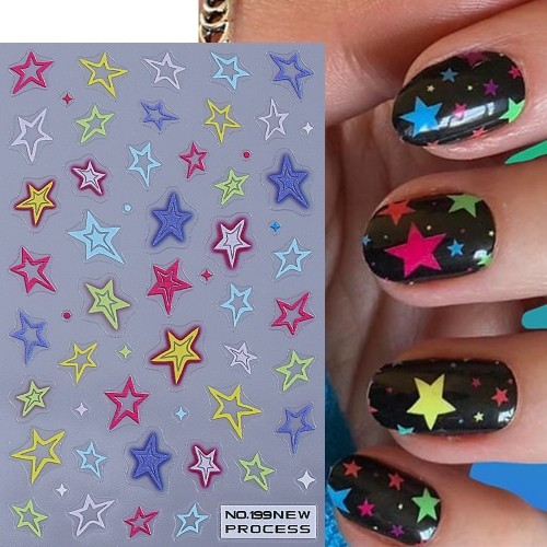 1pcs Dopamine Nail Sticker Colorful Irregular Five Star Heart Love Fireworks Nail Decal Nail Art Decoration