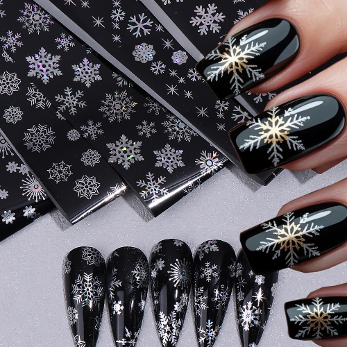 5designs/bag Snowflake White Nail Foil Soft Embossed Reliefs Nail Art Decorations Stickers Winter Cute Manicure Decals 