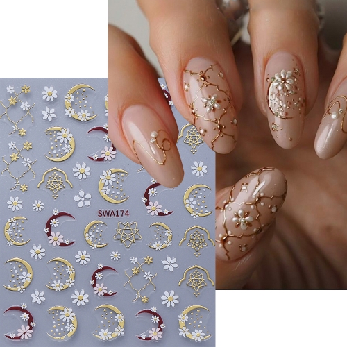 1pcs Flower Nail Stickers Metallic Moon Florals Daisy Petals Pattern Nail Decals Bohemia DIY Elegant Manicure Decoration Sliders