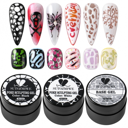 3jars/set White Black Nail Poke Gel with Poke Base Gel and Nail Brush Lace Hole Nail Painting Art Gel DIY Manicure Salon Tools