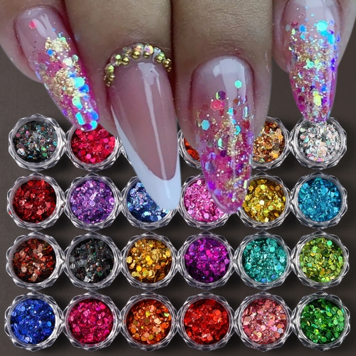 24colors/set Iridescent Nail Art Glitter Sequins Holographic Colorful Hexagon Flakes Nail Art Powder DIY Crafts Decoration Paillette