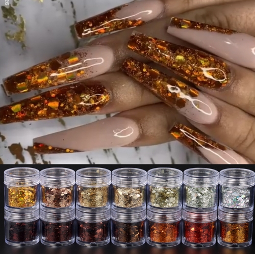 14colors/set Maillard Effect Nail Powder Shining Mixed Hexagon Paillette Mirror Nail Flakes Holographic Rubbing Dust DIY Nail Decor