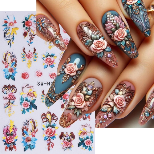 1Pcs Elegant Flower Nail Stickers 3D Bronzing Rose Petals Vine Leaf Design Adhesive Nail Decals Sliders DIY Manicure Sticker