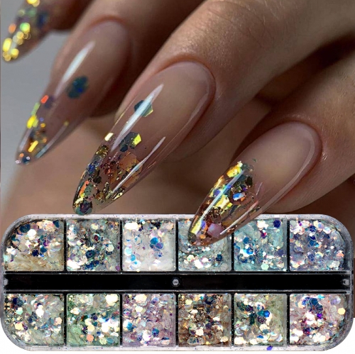 1box Shimmery Mermaid Hexagon Nail Art Glitter Sequins Holographic Mirror Nail Powder Flakes Nail Charms Decoration