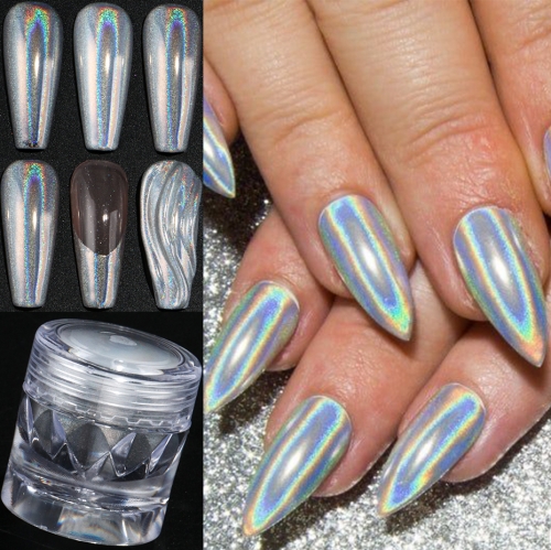 1jar Laser Silvery Holographic Effect Magic Mirror Nail Glitter Powder Rubbing Dust Super Shiny Dust Charms Manicure Decoration