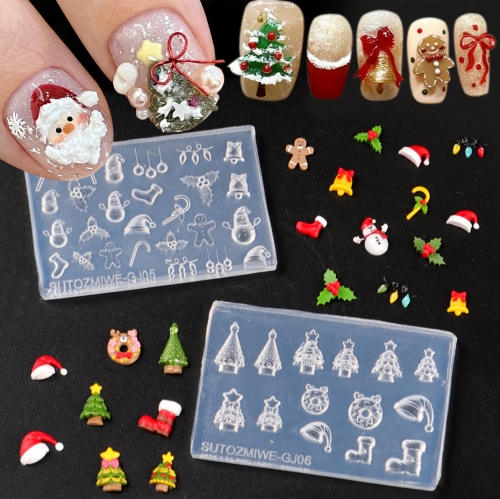 1pcs 3D Silicone Nail Mold For DIY Nail Art Christmas Tree Snowman Bell Gingerbread Man Transparent Design Template Manicure Tool