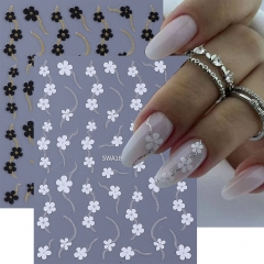 1pcs Black White Flower Nail Stickers Gold Silver Line Petals Florals Simple Adhesive Nail Decals DIY Manicure Decoration Slider