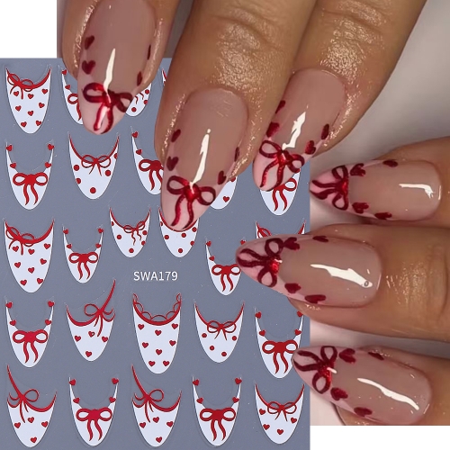 1pcs Valentine's Bowknot Nail Stickers French Bow Love Heart Design Nail Decals DIY Elegant Adhesive Slider Manicure Decoration