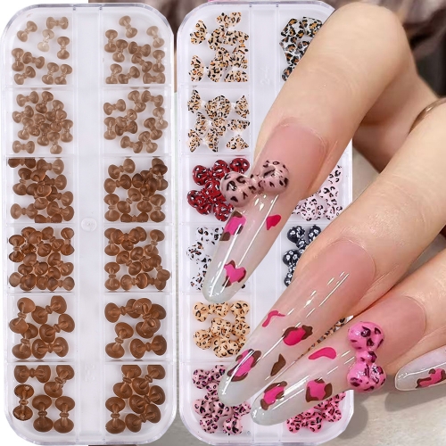 1box Leopard Print Tie Bow Nail Art Decoration Mixed 3D Cute Cartoon Bowknot Rhinestones French Design Manicures Accessories