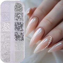 1box Silvery Heart Bead Mixed Type Flat Half Round Pearl Nail Parts Flatback Ornament 3D Jewelry Manicure Accessorie