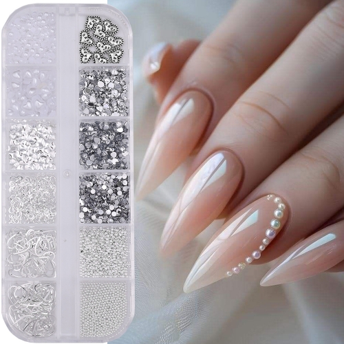1box Silvery Heart Bead Mixed Type Flat Half Round Pearl Nail Parts Flatback Ornament 3D Jewelry Manicure Accessorie