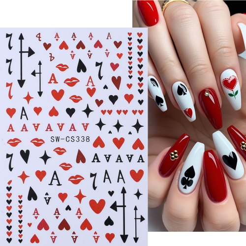 1pcs Poker Cherry Nail Stickers Bow Love Heart Lip Print Number 7 Self-Adhesive Decal Valentine's Manicure Decoration Slider