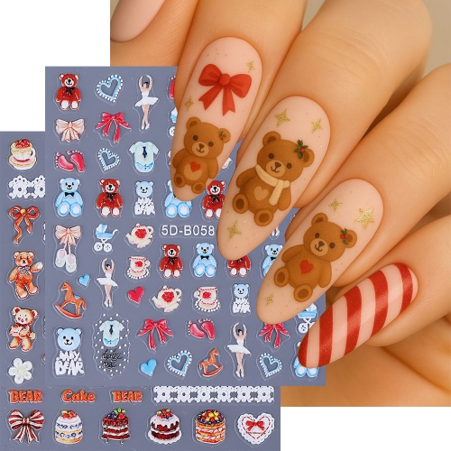 1pcs Cartoon Bear Bow Embossed Nail Art Sticker Heart Nail Decal Nail Art Accessories Nail Art Decoration