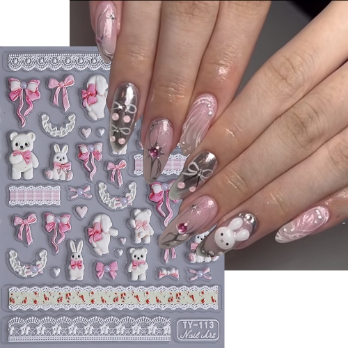 1pcs 5D Embossed Cartoon Bear Nail Art Stickers - Self-Adhesive Plastic Decals with Brown Bear Bow Heart Design for Valentine's Day