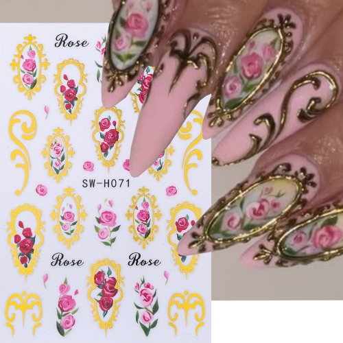 1pcs Elegant Flower Nail Art Stickers Bronzing Border Frame Rose Petal Leaf Self Adhesive Nail Decals Valentine's Manicure Decor