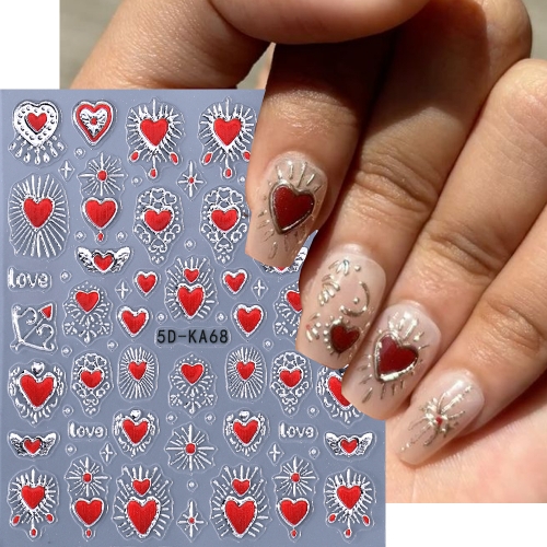 1pcs Red Heart Nail Art Stickers 5D Bronzing Silver Love Heart Shape Metal Totem Nail Decoration Slider Self-Adhesive Nail Decals